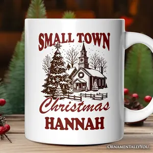 Small Town Christmas Vintage Personalized Mug, Rustic Winter Church Gift with Custom Name