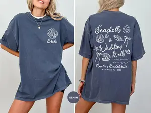 Seashells and Wedding Bells Bach or Bride Comfort Color Shirt, Beach Bach Cover Up, Coastal Bridal Party Tee, Key West Girls Trip Tee, Bride Squad Outfit