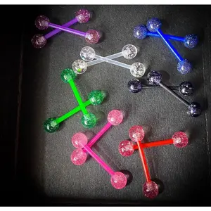 PAIR Flexible Barbell Nipple or Tongue Rings PTFE Ultra Glitter Style NO METAL