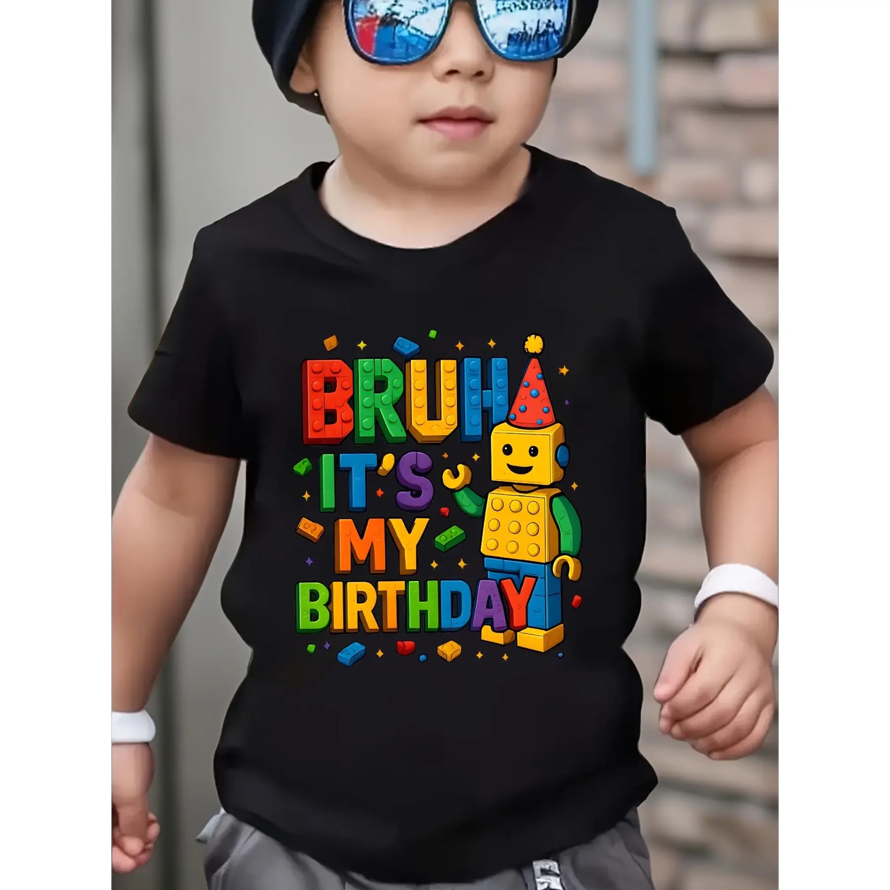 Kids' Birthday Graphic Tee with "Bruh It's My Birthday" Robot Figure, Relaxed Fit Short Sleeve Crew Neck Cotton Shirt for Boys and Girls, Graphic Tees, Vivid Print, All Seasons, Family