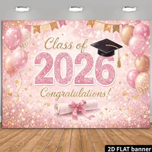 2D Pink Dreamy Party Backdrop, Graduation Certificate Theme with Golden Stars and Glitter Balloons, Durable, No Power Required, Perfect for Indoor/Outdoor Celebrations, Versatile Wall Decoration for Home, Office, Outdoor, Studio, Party Decor