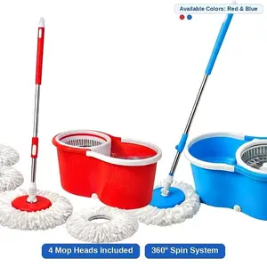 Spin Mop and Bucket with Wringer 360 Degree Spinning System 2 Microfiber Replacement Heads 61 Inch Adjustable Handle Soap Dispenser 20 Qt for Floor Cleaning