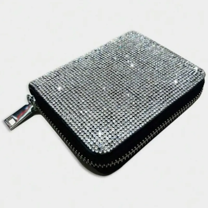 Rhinestoned PU Leather Women's 2-In-1 Zipper Short Wallet with Crossbody Chain