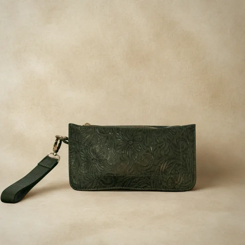 Spacious Leather Clutch Purse with Handle. Made in Mexico - Green Color, floral design, Zip Closure, and Wrist Strap Design