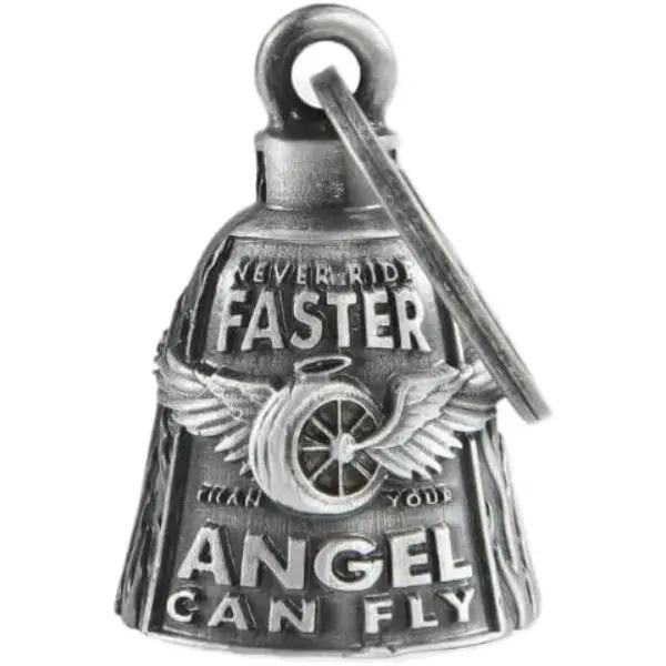 Biker Bell Keychain - Heavy-Duty Zinc Alloy Guardian Angel Charm, Open Ended, Ride-Slow Reminder, Road Safety, Twice-Power Gift, Loud Ringer, Wings Letters, Split Ring, Oval Form, 1.26" Diameter, 2.13" Tall, 0.18 lbs, Motorcycle Rider Gift, Father's Day