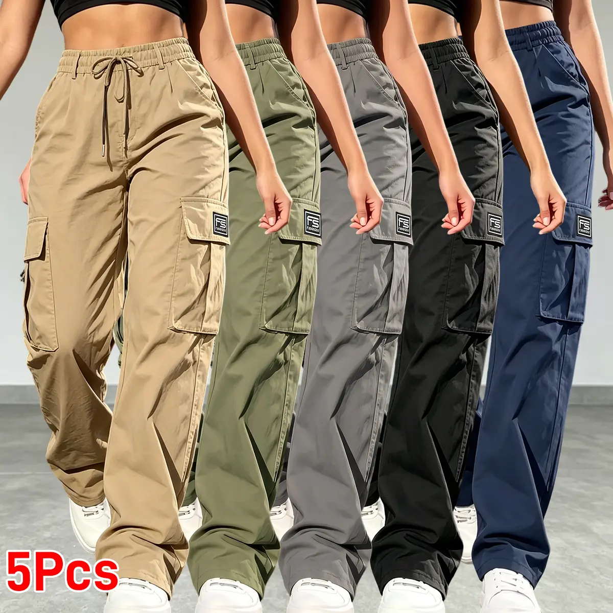 Set of 5 women’s cargo pants: casual, elastic waist, Bohemian minimalist basic women’s pants with pockets; suitable for summer outfits, vacations, and beachwear; sporty casual style; comfortable loose fit; casual drawstring high-waist pants; loose, comfor