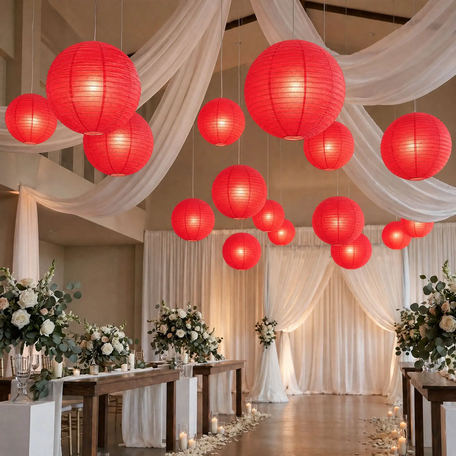 10 Pack Red Hanging Paper Lanterns, 30" Round Chinese Sky Lanterns for Wedding, Party & Event Decorations