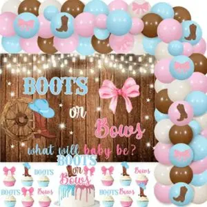 Boots or bows gender reveal decorations balloons arch kit what will baby be he or she backdrop cake cupcake toppers stickers for western cowgirl gender reveal decorations