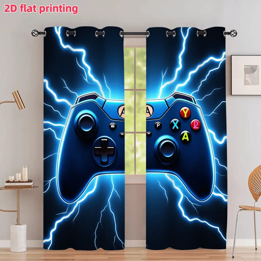2D Flat 2Pcs Cool Blue Electric Lightning Gamepad Pattern Curtains with Grommets, High Definition Gaming Controller Art, Modern Semi Sunshade Privacy Drapes for Gamer Room Living Bedroom Home Decor, Window Treatment