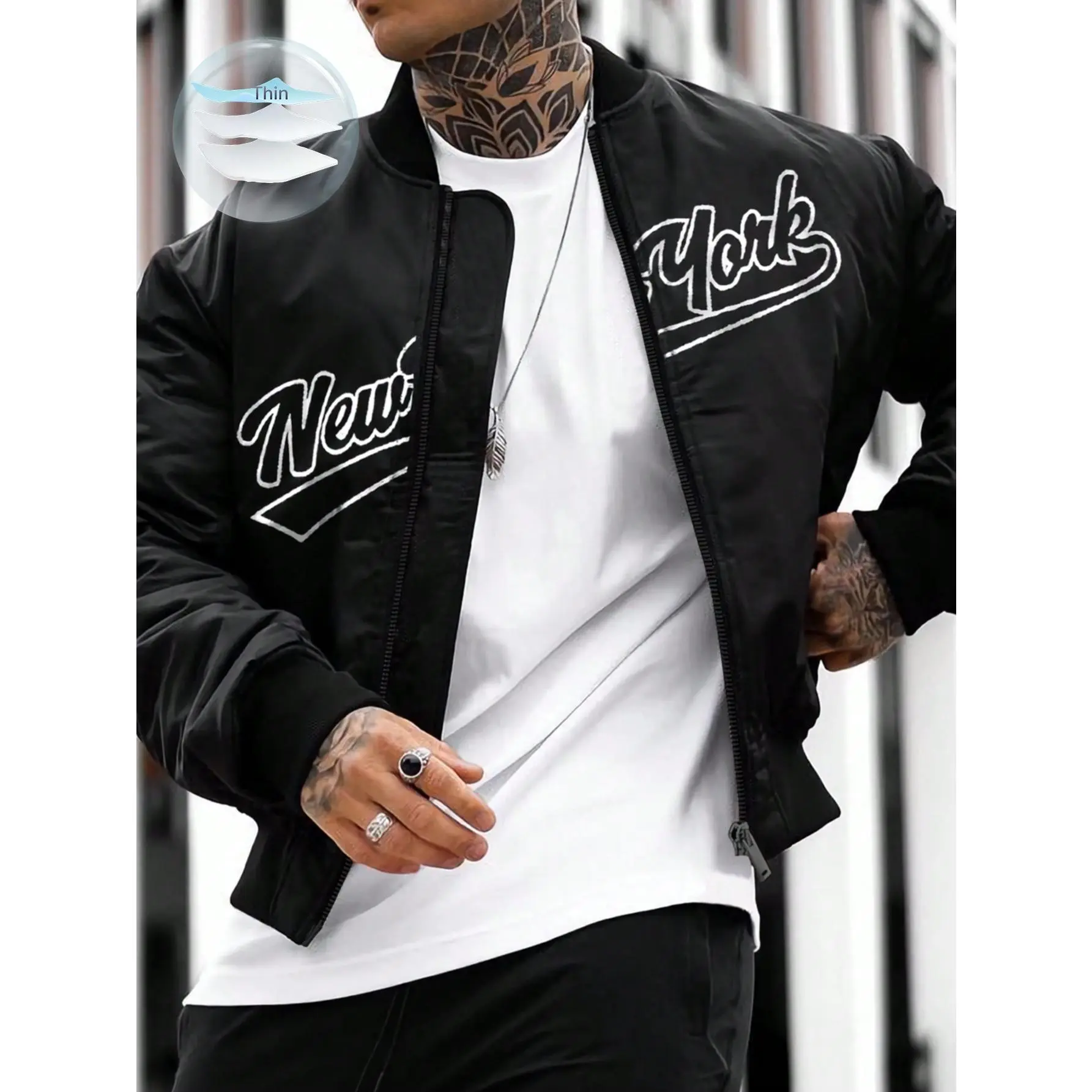 Men's Stylish Letter-Printed Longsleeves Baseball Bomber Jacket - Soft Polyester Zip-Up Jackets, Casual Fabric Outerwear for Joggers, Available in XL, Zip-Up Front