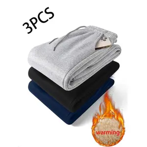 Men's Fleece-Lined Stretch Waist Jogger Pants 3-Pack - Thick Winter Sweatpants with Side Pockets, Warm Lined Outdoor Activity Athletic Pants, Solid Color Fleece Lining, Machine Washable, Perfect for Hiking & Workouts Gift