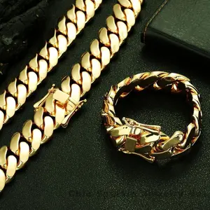 2 Piece 18K Gold Plated Cuban Link Set Men Stainless Steel 6mm Hip Hop Necklace and Bracelet