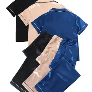 3 Sets of Soft & Cozy Solid Satin Pajama Sets - Casual Short Sleeve Button Lapel Top & Elastic Waist Pants for Women - Breathable Polyester Material, Micro Elasticity, and Perfect for Summer Sleepwear