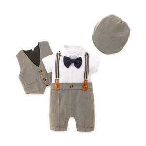 3Pcs Toddler Baby Boys Gentleman Suit Short Sleeve Bow Tie Romper+Waistcoat+Hat Formal Outfits