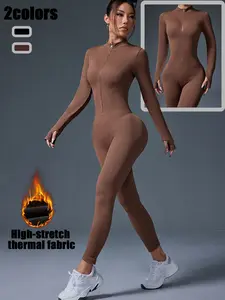 Women's sports crew neck long-sleeve yoga bodysuit, slim-fitting knee-length knitted jumpsuit, suitable for all-season wear, casual and fashionable clothing, Workout Jumpsuit