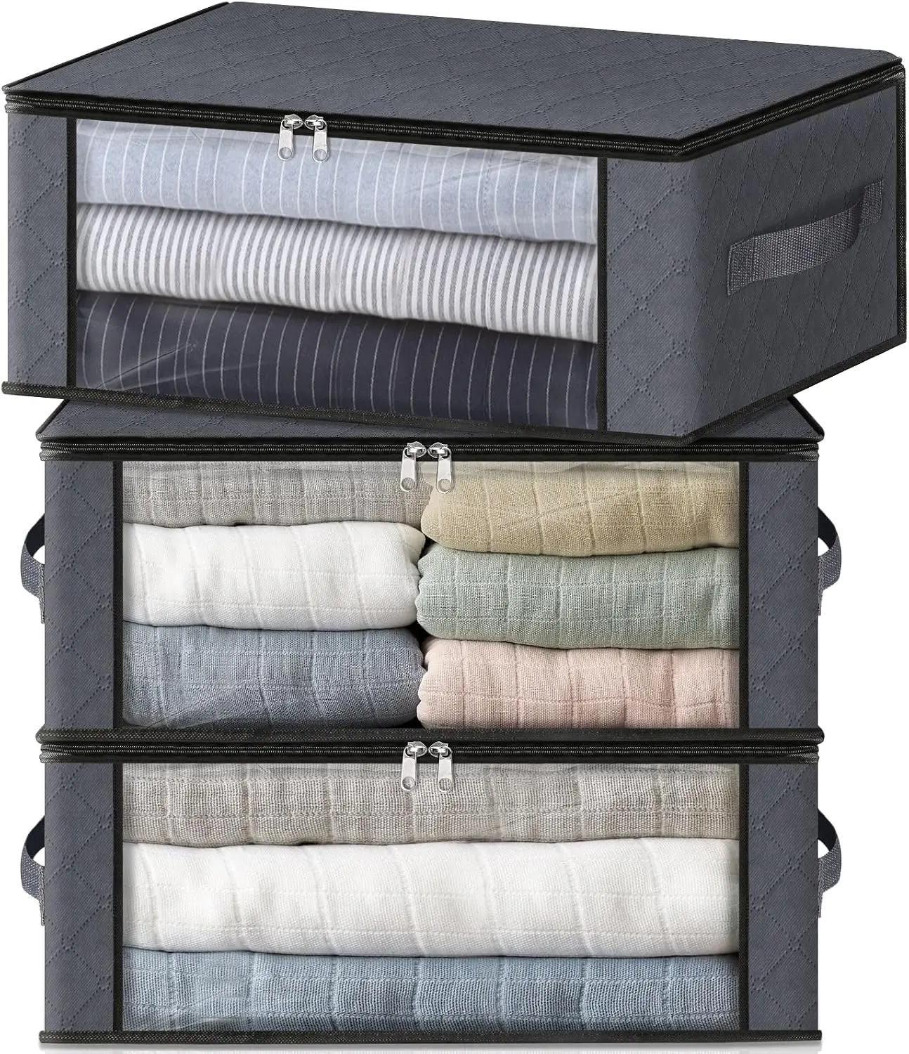 3-Pack 35L Clothes Storage Bags, Foldable Closet Organizers with Clear Window, Zipper & Reinforced Handles for Bedding, Blankets & Sweaters, Gray