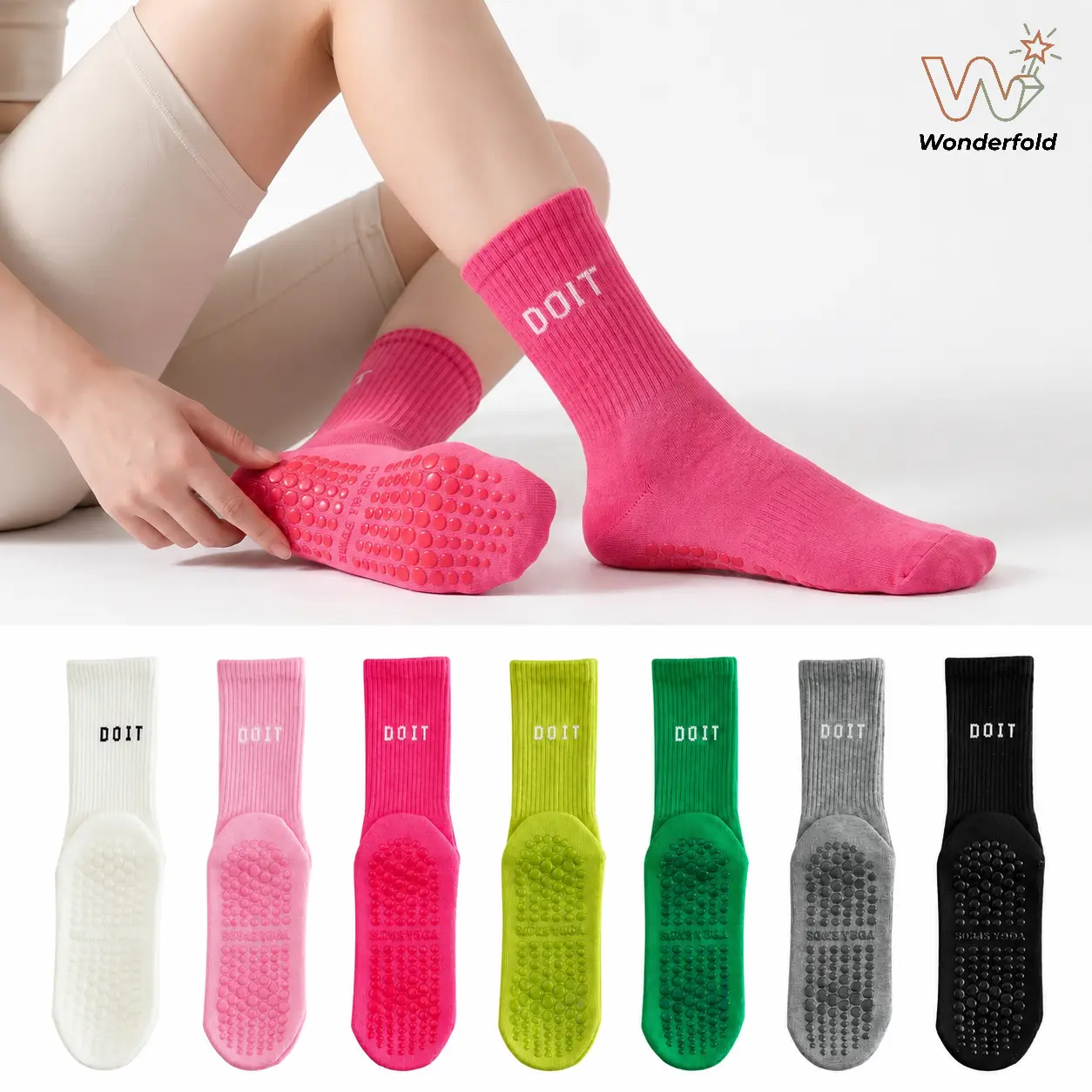 Women's WonderFold 7-Pair Grip Sports Socks Set - Athletic Grip, Anti-Slip Texture, Breathable Polyester for Female Adults' Yoga, Pilates