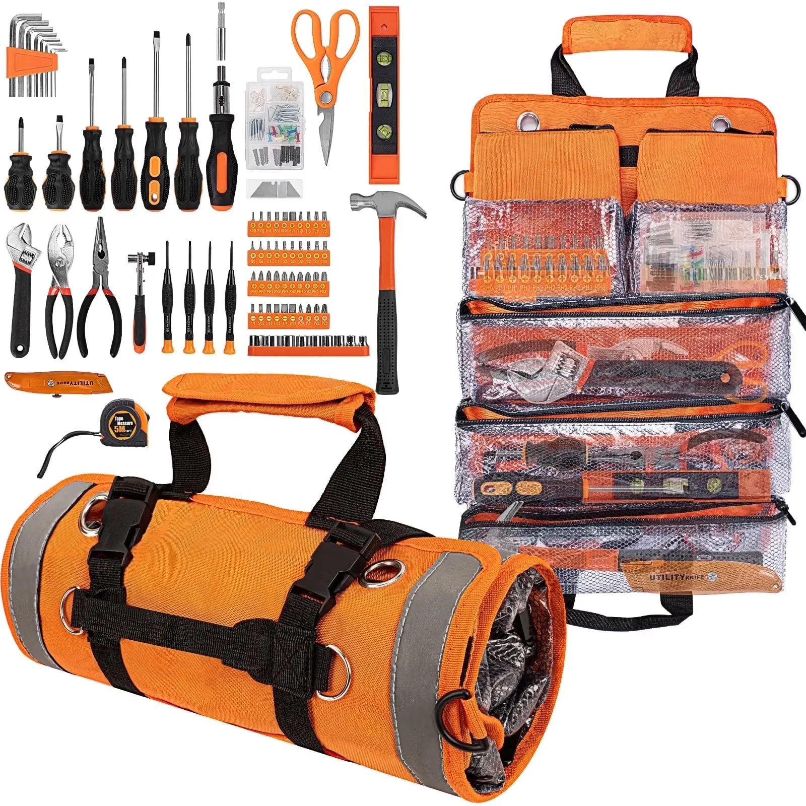 18Pc Orange Tool Set, Home Tool Kit for DIY w/ Hammer, Pliers, Wrenches, Duty Roll up Foldable Tool Bag