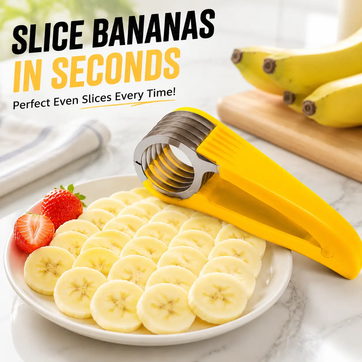 Stainless Steel Banana Slicer, Multi Functional Fruit Cutter Tool for Banana Cucumber Sausage Kiwi, Quick Even Slice Kitchen Gadget