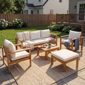Outdoor Acacia Sectional Patio Furniture Set with Cushioned Single Chair, Ottoman and Coffee Table, Outdoor Furniture Set