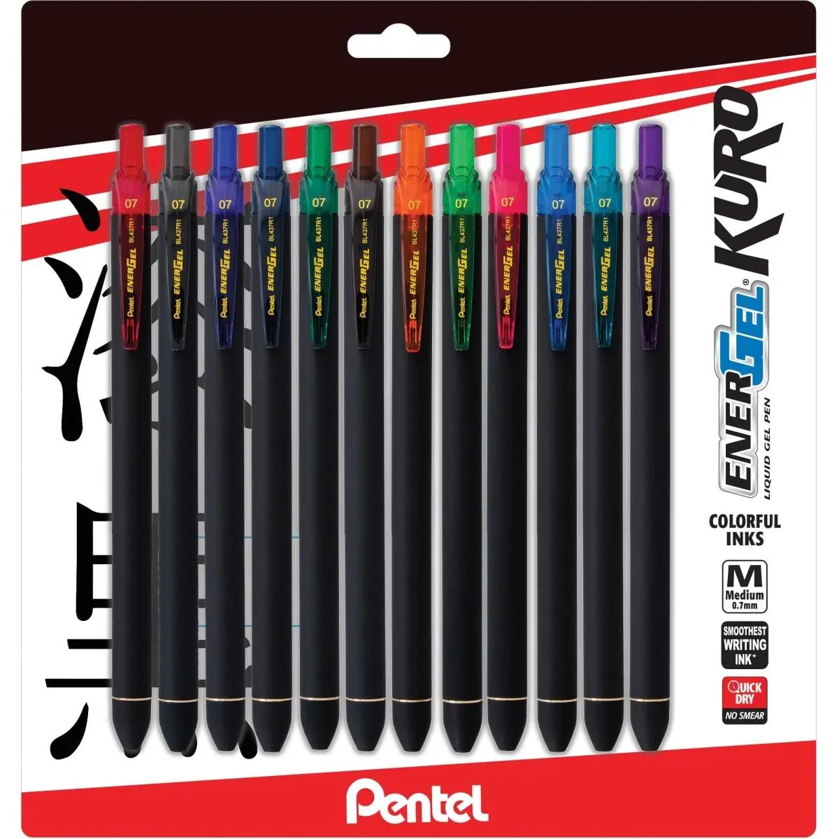 Pentel EnerGel Kuro Retractable Smooth Writing Pen Set - 0.7mm Fine Point, Right-Handed, Latex-Free, Quick-Drying Glob-Free Liquid Gel Ink, Rubberized Barrel, Assorted Colors, Boxed Pack with Pens & Refills, High-Performance Design, Pack of 12, Retractabl