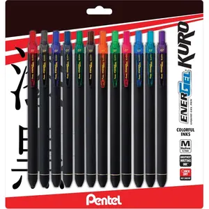 Pentel  EnerGel Kuro Liquid Gel Retractable Pens - 0.7 mm Pen Point Size - Retractable - Assorted Liquid Gel Ink - Rubberized Barrel - Pack of 12