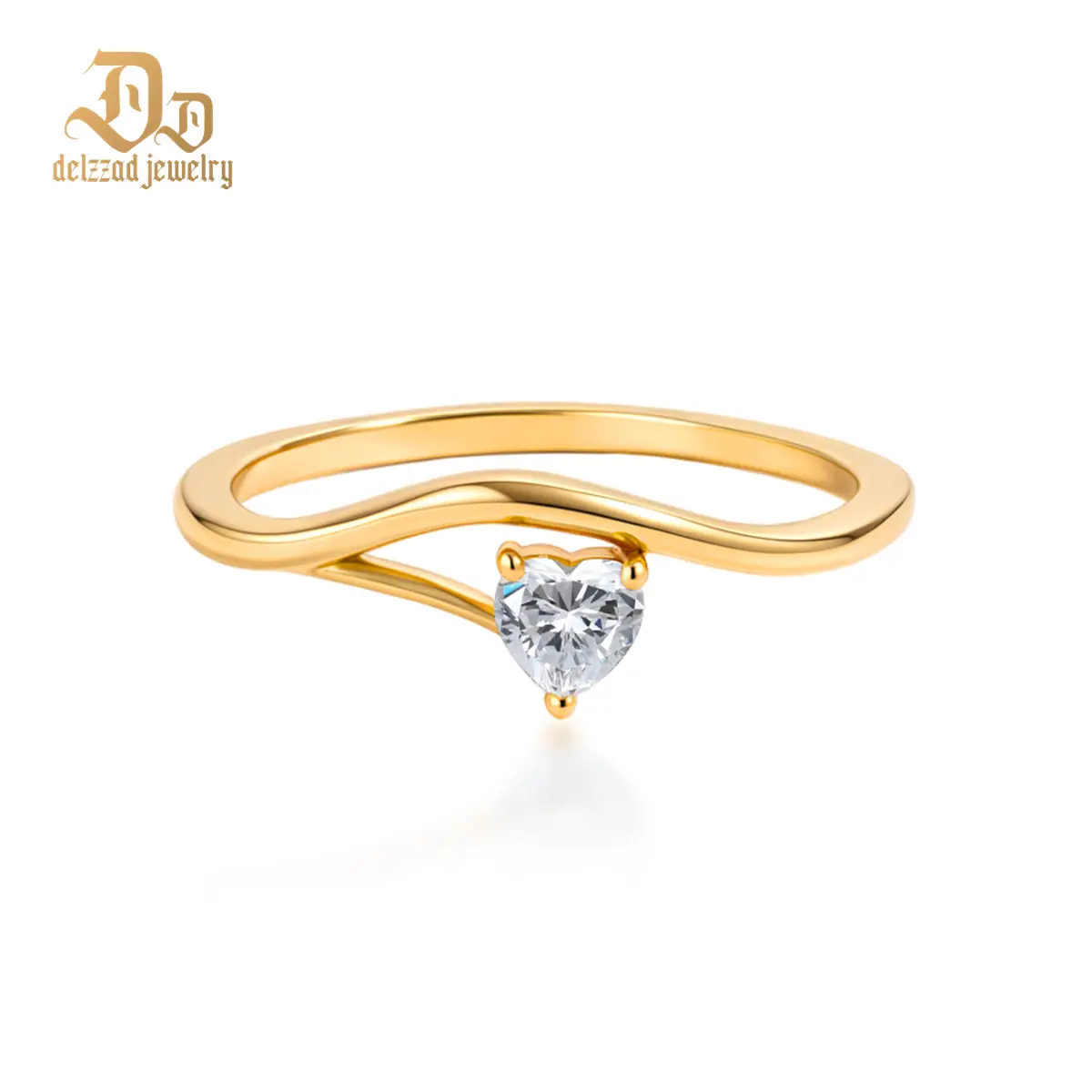 Delzzad 14K Gold-Plated 0.3ct The Gentle Love Engagement Ring Asymmetrical Heart Ring Band Solitaire Ring VVS Synthetic Moissanite Ring Jewelry Copper Band Perfect Birthday Engagement Wedding Anniversary Christmas Valentine's Day Mother's Day Gift