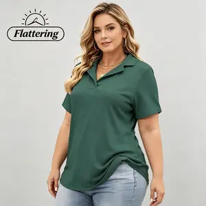 Women Plus Size Polo Tops, V Neck Collared Short Sleeve, Casual Loose Fit Summer Dressy Blouses