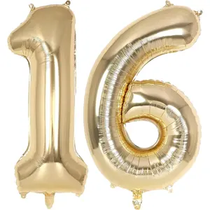 40 Inch Champagne Gold Number 16 Giant Mylar Foil Helium Balloon for 16th Birthday Party Anniversary Decorations
