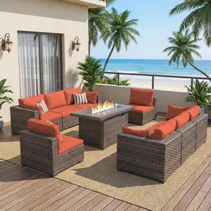 【4 packages shipping】 Grezone 9 Pieces Patio Furniture Set with 42" Fire Pit Table,All-Weather Rattan Wicker Sofa Couch for Garden Backyard Deck Poolside,Throw Blanket,Easy To Maintain
