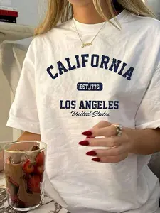 Women's Vintage California Los Angeles Graphic T-Shirt - Casual Round Neck, Short Sleeve, Cotton, Machine Washable