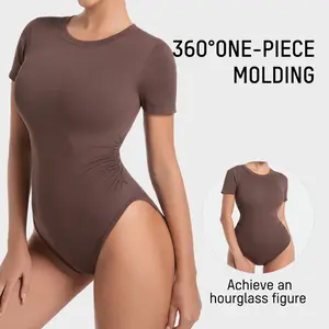 SHECURVE Coffee Minimalist Seamless Round Neck Short Sleeve Bodysuit Casual Crewneck Basic Womenswear Tops for Everyday Wear date night bodysuit Valentine's Day