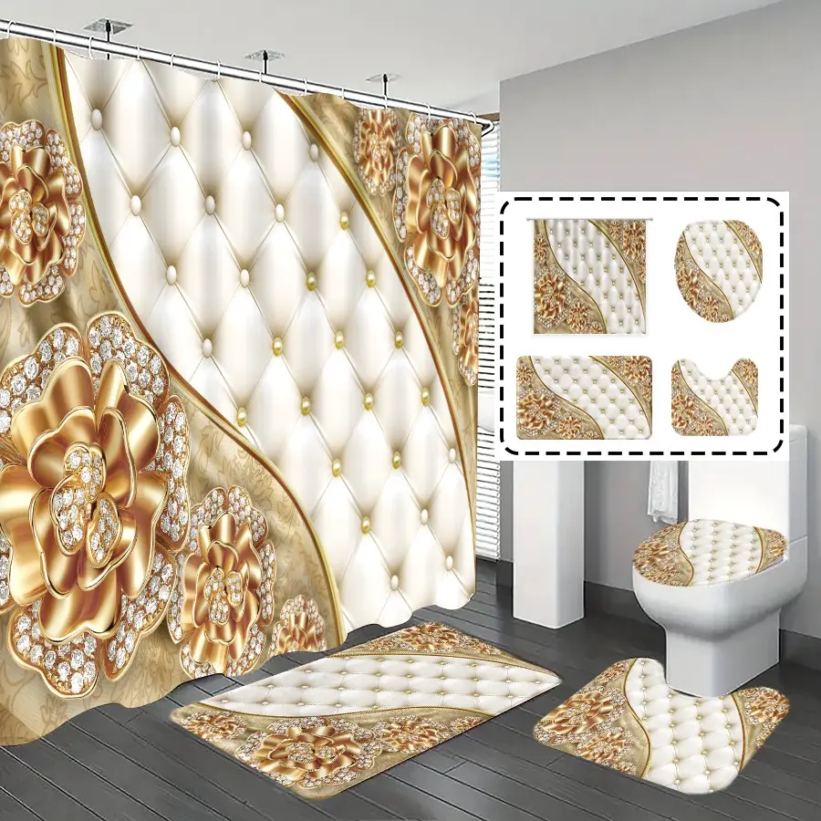 1pc/4pcs, bathroom curtains shower, shower curtains, Aesthetic shower curtain, bathroom set, bathroom rug, home decoration, bathroom mat, retro floral patterns, simple and luxurious theme decoration, and 12 hooks are given away