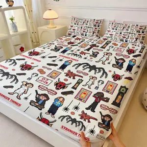Aesthetic Stranger Things Pixel Art Fitted Sheet Complete Set, Includes One Bedspread and Two Pillowcases, Vibrant Retro Pattern Eye-catching Bedcap, Durable Fabric with Nostalgic Character Prints, Groupie Exclusive Bedding
