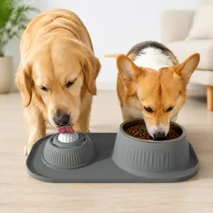 3-in-1 Slow Feeder Dog Bowls, Dog Food and Water Bowl Set, 1.9L Stainless Steel Bowl with Non-Spill Silicone Mat, Cat and Puppy Bowls for Small Medium Large Breed Anti-Choking