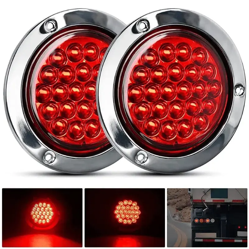 Nilight 4-Inch Red Round Chrome Bezel Steel Rear Tail Light Assembly - 24-LED, IP65 Rated, Surface Mount (Pair) with LED Brake, Car Lighting Accessories, Truck Accessories