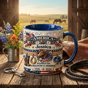 Patriotic Horse Mug 2D Printed 3D Effect Custom Name Ceramic Coffee Cup With America Banner Horse Boots Horseshoe Flag Design For Mom Sister 1776-2026 Freedom Gift
