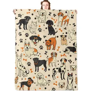 Adorable Cartoon Dog Flannel Blanket,Cute Retro Puppy Throw with Paw Print and Bone on Beige,Lightweight Fleece Blankets for Dogs Pet Lover,Couch,Cabin,Bed,Camping Decor Gifts,60x50in