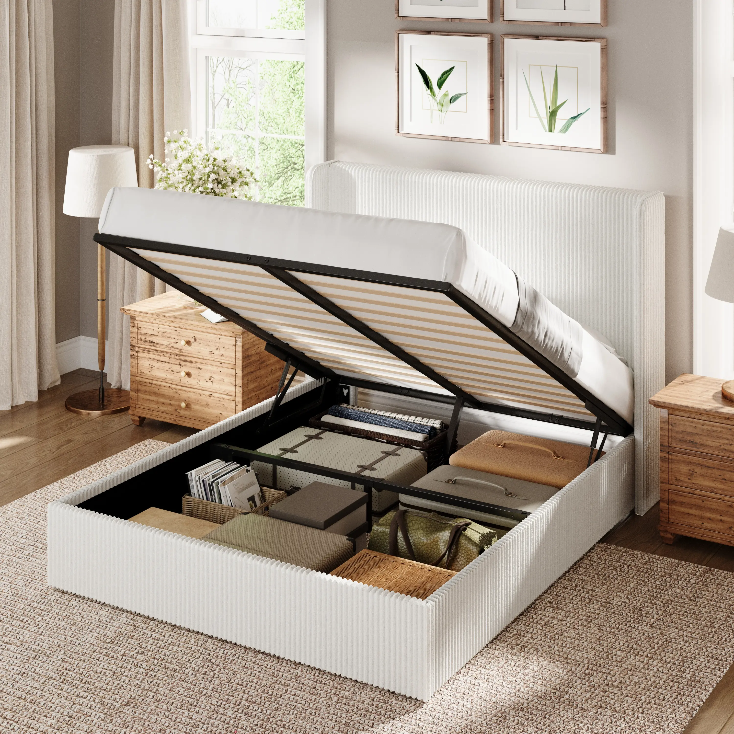 HOOMIC Full/Queen/King Size Lift Up Storage Bed Frame with Hydraulic Gas Lift, Corduroy Upholstered Platform Bed with Wingback Headboard, Underbed Storage, No Box Spring Needed, White/Black/Grey#SummerVibes