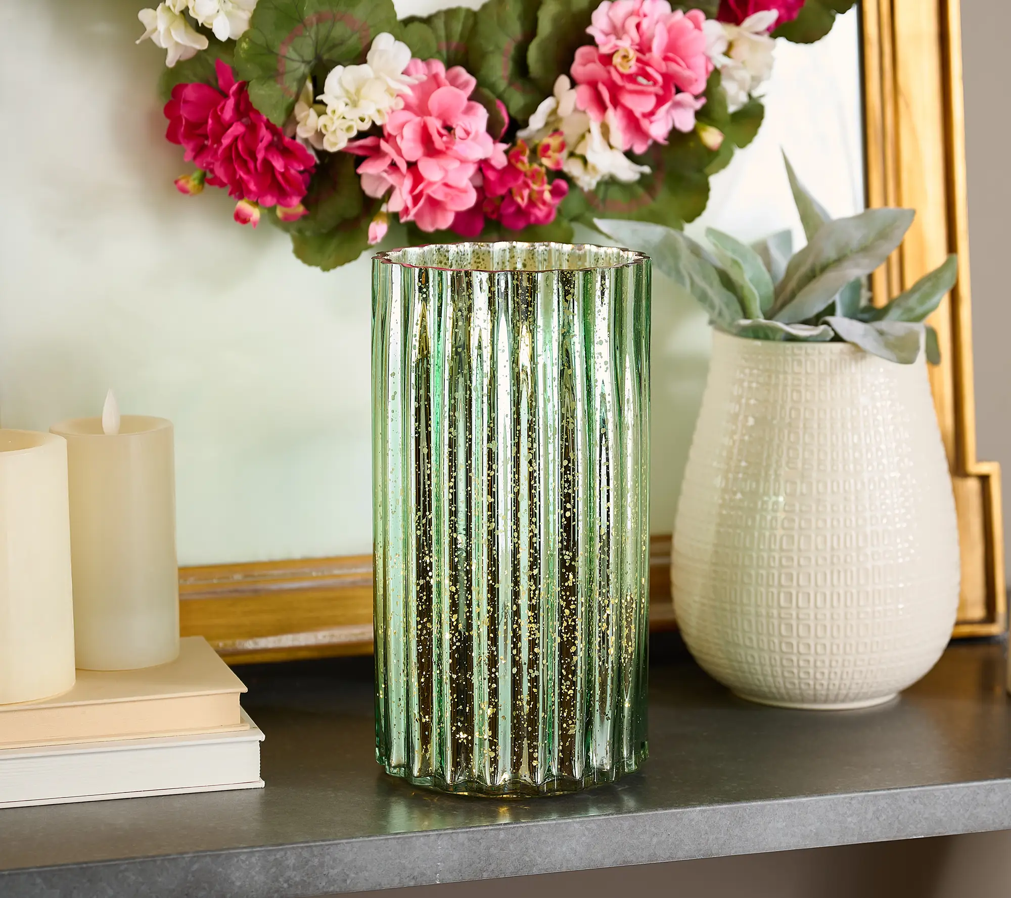 12" Oversized Illuminated Fluted Mercury Glass Hurricane by Valerie