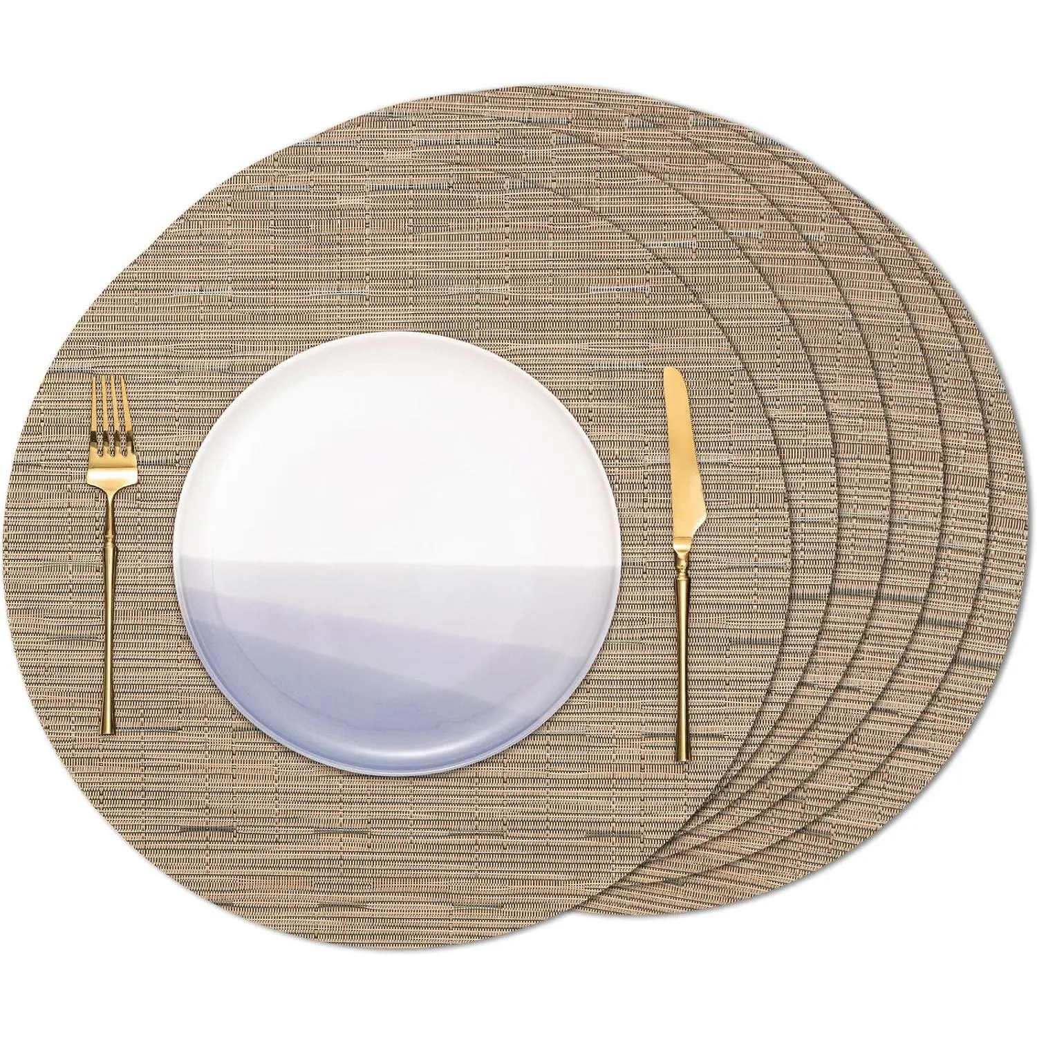 Round Placemats Set of 6 Heat Resistant Vinyl Placemats 15 inch Washable Non-Slip Table Mats Woven Place Mats for Dining Table (Light Brown, Set of 6)