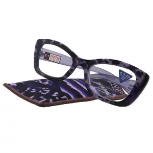 Mystika, (Premium) Reading Glasses, High End Readers +1.25..+3 Magnifying Glasses (Black N Purple) Stripes Cat Eye, NY Fifth Avenue Lightweight