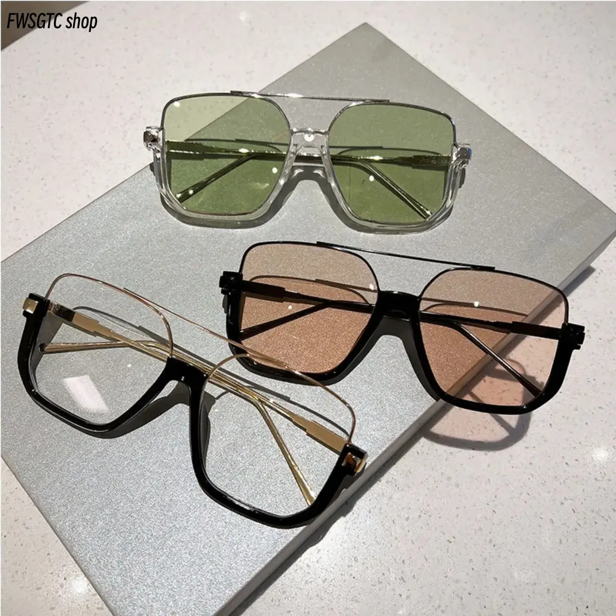 2026 New Korean-Style Oversized Semi-Rimless Sunglasses for Women, Anti-Glare Blue Light Block Natural Lens. Trendy Street Eyewear for Street Shooting & Everyday Face Styling, Minimalist, Eye Protection, Lightweight