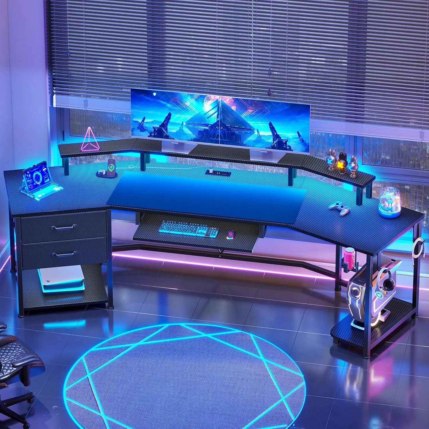 Itaar 79" Gaming Desk with 2 Fabric Drawers, Long Computer Desk with Power Strip & LED Lights, U Shaped Desks with Storage and Cup Holder, Large Gaming Table for Bedroom