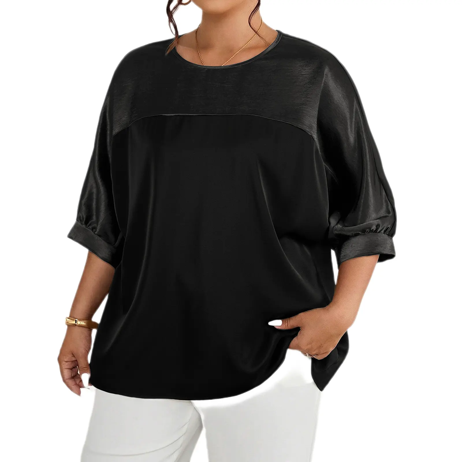 Eytino Womens Plus Size Glossy Satin Crew Neck Three Quarter Length Sleeve Casual Loose Blouses Shirts (1X-5X)