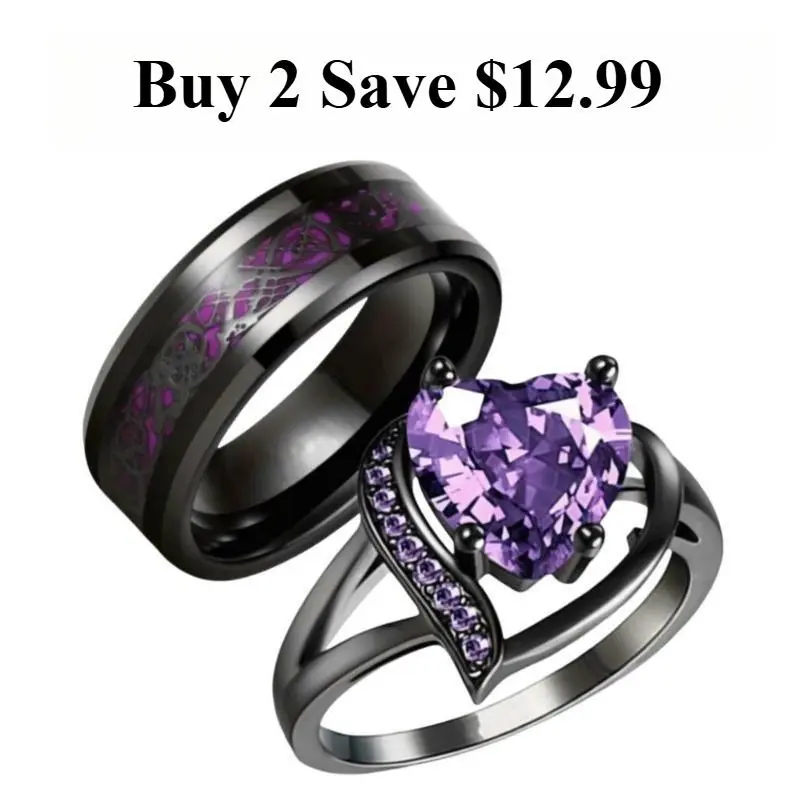 Vintage Wedding Promise Ring Set for Couples - Heart Design for Her, Dragon Style for Him, Available in Purple, Red, Green, Blue, Meaningful Engagement Gift, Wedding Promise Rings, Contrast Couple's Rings