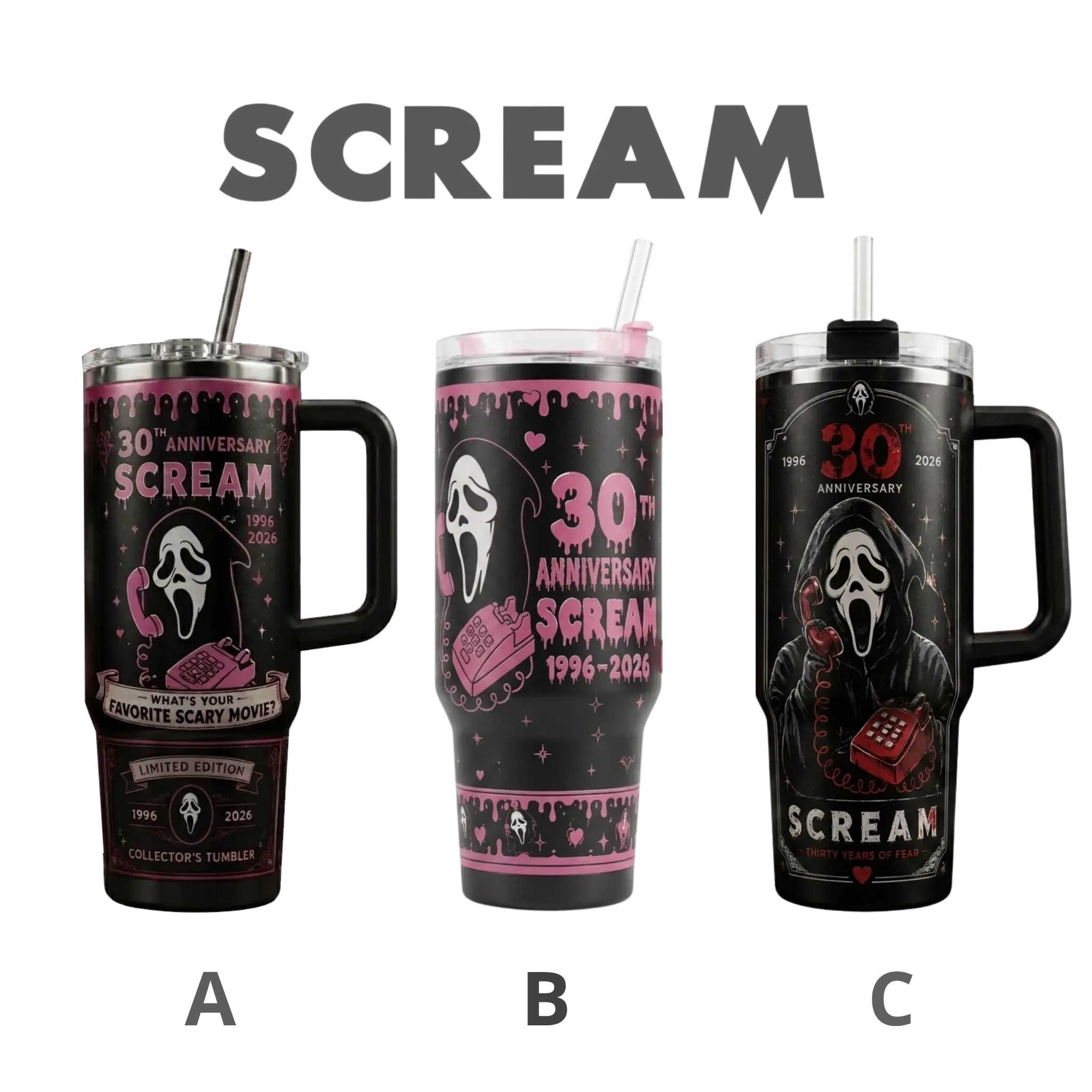 Scream 30th Anniversary Tumbler Collection, Limited Edition Ghostface Stainless Steel Travel Mug, 40oz Insulated Cup with Handle & Straw, Horror Movie Gifts