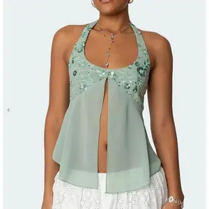 Women’s Y2K sleeveless backless sequined vest paired with a shiny, sexy low V-neck crop top GARMENTARY