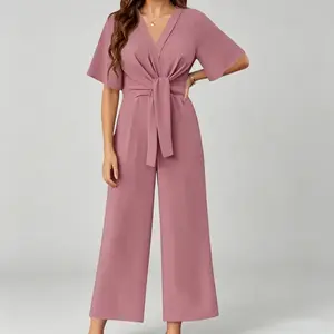 Women's Elegant V Neck Jumpsuits Dressy Casual Short Sleeve Wide Leg Long Pants Rompers
