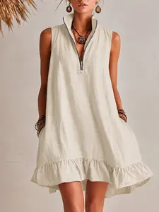 2026 New Arrival Summer Dresses for Women Fashion Casual Loose Ruffle Half Zip Sleeveless Dress Breathable Lightweight Relaxed Fit Summer Dress for Daily Wear Vacation Beach Brunch Date Outdoor Wear